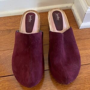 Jambu handcrafted wood Chunky clogs. Suede plum burgundy color